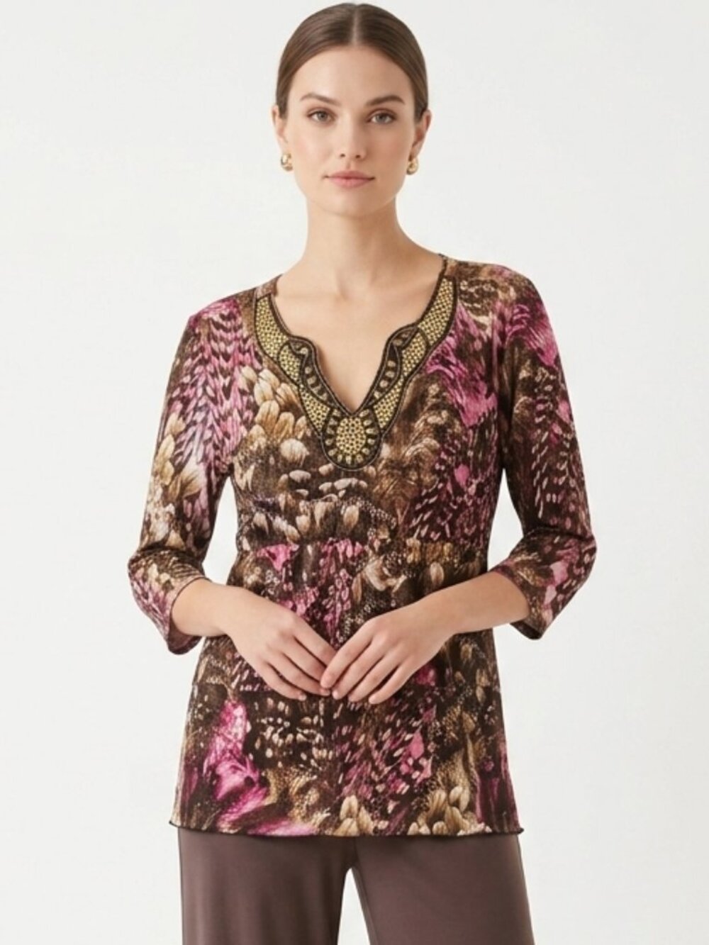 Dressbarn Blouse Purple Brown Floral Beaded Grunge Boho Layered Shimmery XL